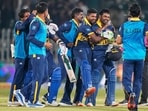 Sri Lanka players celebrate after beating England in Rawalpindi on Thursday.