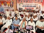 Haryana Congress president Rao Narender Singh along with MPs and MLAs addressing a press conference in Sirsa on Wednesday. (HT Photo)