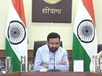 Haryana chief minister Nayab Singh Saini along with energy minister Anil Vij during a review meeting in Chandigarh on Wednesday. (x)