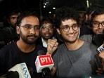 Saurav Das, chief spokesperson of the Cockroach Janta Party (CJP), and Ashutosh Ranka, CJP co-convenor, speak to the media after being released following a hearing before a Special Executive Magistrate, in New Delhi.