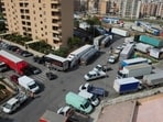 Trucks block streets in Palermo during a truckers' protest over soaring fuel and transport costs, disrupting supply chains across Sicily and southern Italy, October 20, 2026. (REUTERS/Igor Petyx)