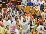 BJP and AAP councillors shout slogans during the Municipal Corporation of Delhi (MCD) House meeting at the Civic Centre in New Delhi, India, on Thursday, October 22, 2026. (RAJ K RAJ /HT PHOTO)