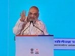 Union Home Minister Amit Shah addresses the inauguration and foundation stone laying ceremony of Yamuna revival projects, in New Delhi.(PTI)