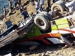 The wreckage of the bus that plunged into a gorge at Gulli Gala, in Udhampur on Wednesday.
