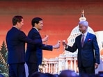 US Secretary of State Marco Rubio with External Affairs Minister S Jaishankar, and US ambassador to India Sergio Gor at the Jio World Convention Centre in Mumbai on Tuesday.