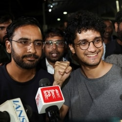 Saurav Das, chief spokesperson of the Cockroach Janta Party (CJP), and Ashutosh Ranka, CJP co-convenor, speak to the media after being released following a hearing before a Special Executive Magistrate, in New Delhi.