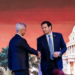 US Secretary of State Marco Rubio (R) shakes hands with External Affairs Minister Subrahmanyam Jaishankar in Mumbai on October 20.
