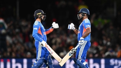 India got off to a rollicking start in the run chase, with Abhishek Sharma and Sanju Samson hitting 94 runs for the opening wicket inside the powerplay. (AFP)