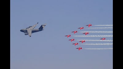Sarang Helicopter Display Team performs manoeuvres during the opening day of the three-day Indian Air Force (IAF) aerial display 'Wings Over Ganges' over the Malviya Bridge on the Ganga river, in Varanasi (PTI) Sarang Helicopter Display Team performs manoeuvres during the opening day of the three-day Indian Air Force (IAF) aerial display 'Wings Over Ganges' over the Malviya Bridge on the Ganga river, in Varanasi (PTI)