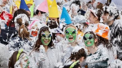 Raisin Monday sees St Andrews students covered in shaving foam. (The Guardian) Raisin Monday sees St Andrews students covered in shaving foam. (The Guardian)