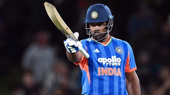 India's Sanju Samson celebrates his half-century during the 1st T20I against New Zealand at Hagley Oval ground, in Christchurch on Thursday