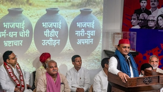 Samajwadi Party president Akhilesh Yadav addresses a press conference at the party office, in Lucknow, Uttar Pradesh. (PTI)