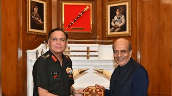 The corner, which also displays a pair of elephant tusks, has long served as a favoured backdrop for successive Army chiefs to strike a pose with visiting dignitaries and exchange mementos. (HT photo)