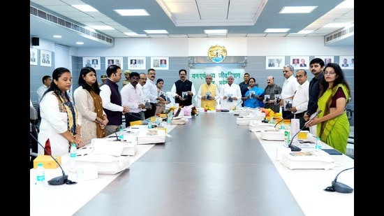 UP forest minister releasing rhino identification booklet during DTCF governing body meeting in Lucknow on Thursday (HT Photo)