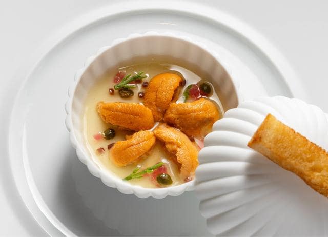 At New York’s Le Bernardin, chef Eric Ripert pairs bone marrow with sea urchin.