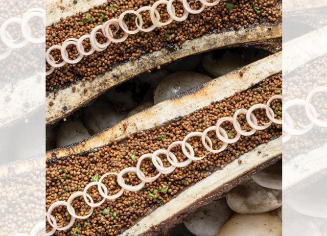 Bangkok’s 100 Mahaseth serves a charcoal roasted bone marrow with perilla seeds.