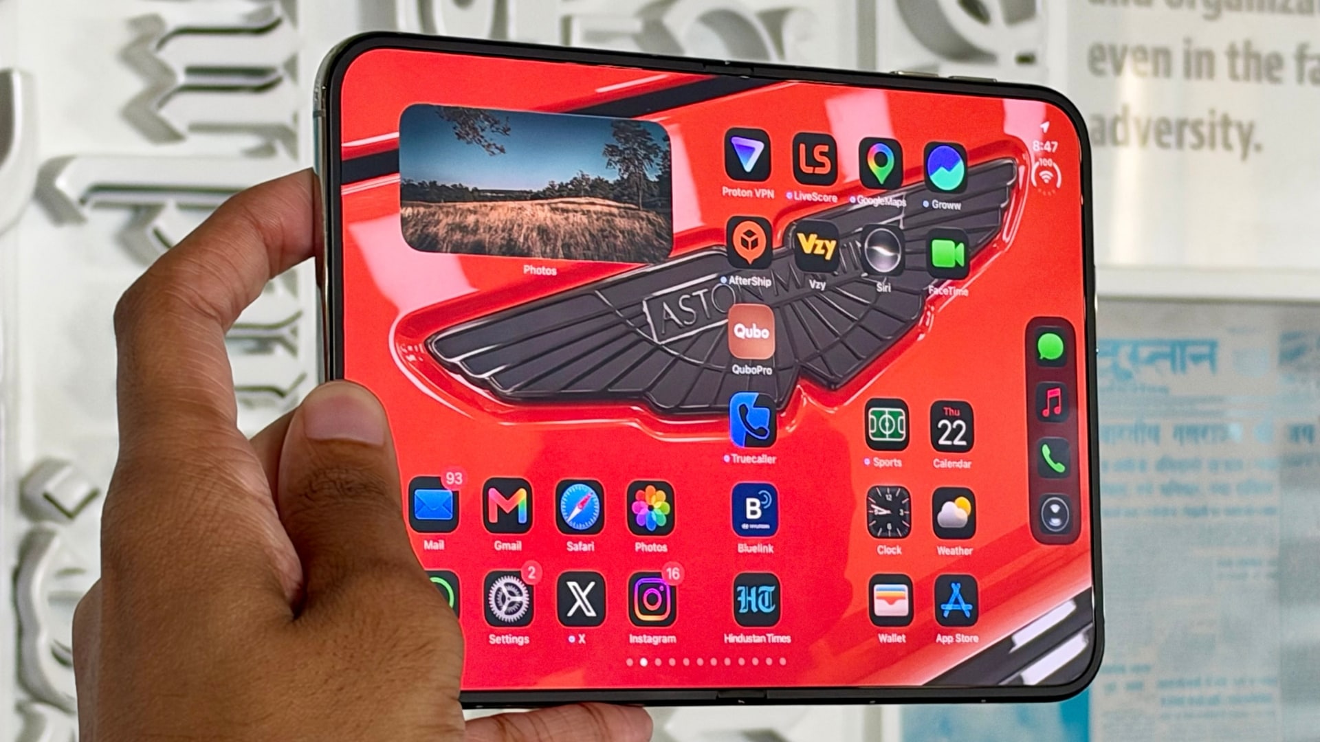 The iPhone Duo's main screen is large and vivid. Notice how the matte finish makes the crease less visible. (Vishal Mathur / HT Photo) The iPhone Duo's main screen is large and vivid. Notice how the matte finish makes the crease less visible. (Vishal Mathur / HT Photo)