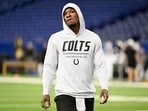 Aug 22, 2026; Indianapolis, Indiana, USA; Indianapolis Colts quarterback Anthony Richardson Sr. (5) warms up prior to the game against the Atlanta Falcons at Lucas Oil Stadium. Mandatory Credit: Robert Goddin-Imagn Images