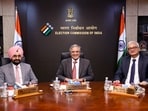 Chief Election Commissioner Gyanesh Kumar with Election Commissioners S S Sandhu and Vivek Joshi.