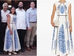 Radhika Merchant wore an ivory cotton midi dress by Giambattista Valli, featuring indigo floral motif.