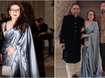 For Sabyasachi’s Diwali reception in New York, Rani Mukerji chose a sleek satin saree and matching sleeveless blouse.