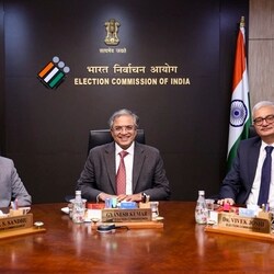 Chief Election Commissioner Gyanesh Kumar with Election Commissioners S S Sandhu and Vivek Joshi.