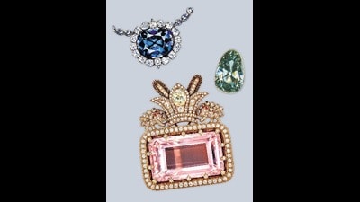 (From top left) The gray-blue Hope Diamond, now at the Smithsonian museum; the Dresden Green, the largest natural-green diamond on record; and the massive, pale pink Darya-i-Noor (Sea of Light), now among the national jewels (formerly the crown jewels) of Iran. All three are believed to have come from mines in the Golconda region. (From top left) The gray-blue Hope Diamond, now at the Smithsonian museum; the Dresden Green, the largest natural-green diamond on record; and the massive, pale pink Darya-i-Noor (Sea of Light), now among the national jewels (formerly the crown jewels) of Iran. All three are believed to have come from mines in the Golconda region.