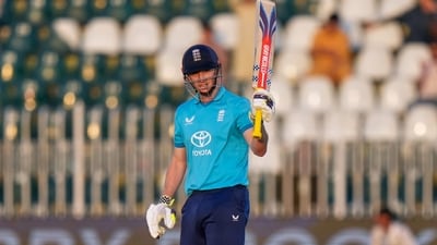 England's Harry Brook celebrates after scoring double century. (AP) England's Harry Brook celebrates after scoring double century. (AP)