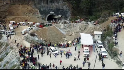 Ambulances stand outside the Silkyara tunnel on 28 November 2023, the last day of the rescue operation. (ANI)