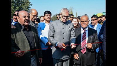 Jammu and Kashmir chief minister Omar Abdullah during the inauguration of the two-span truss girder bridge over Nallah Sukhnag at Beerwah, in Budgam on Friday. (ANI Photo)