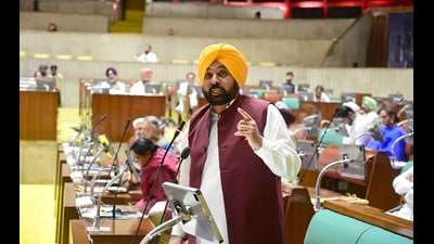 Punjab CM Bhagwant Mann addresses the House on the second day of the Punjab assembly session, in Chandigarh on Friday. (Ravi Kumar/HT)