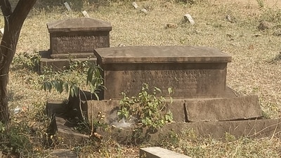 The stone tomb – discovered on October 16 at an old, British-era cemetery near Ahilyanagar fort – bears an inscription commemorating Farrar and her work of 35 years towards the education and spiritual enlightenment of Hindu women. (HT Photo) The stone tomb – discovered on October 16 at an old, British-era cemetery near Ahilyanagar fort – bears an inscription commemorating Farrar and her work of 35 years towards the education and spiritual enlightenment of Hindu women. (HT Photo)