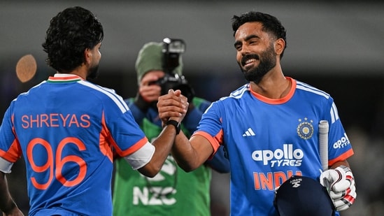 Naman Dhir celebrates the win with Shreyas Iyer.