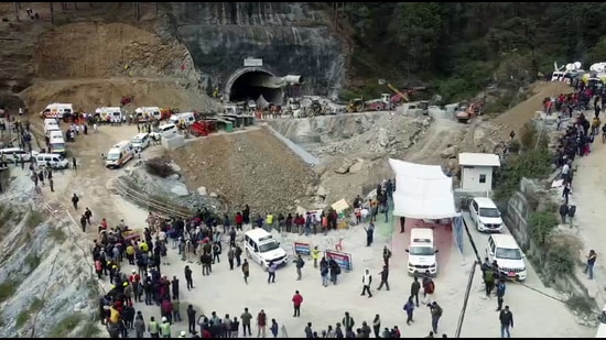 Ambulances stand outside the Silkyara tunnel on 28 November 2023, the last day of the rescue operation. (ANI)