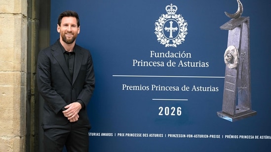 Lionel Messi poses on the eve of receiving the Princess of Asturias Award for Sport (AFP)
