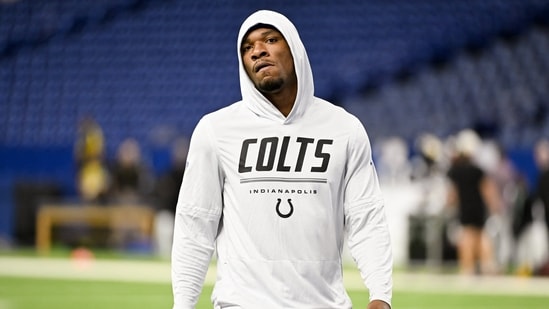 Aug 22, 2026; Indianapolis, Indiana, USA; Indianapolis Colts quarterback Anthony Richardson Sr. (5) warms up prior to the game against the Atlanta Falcons at Lucas Oil Stadium. Mandatory Credit: Robert Goddin-Imagn Images