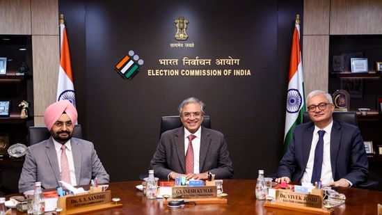 Chief Election Commissioner Gyanesh Kumar with Election Commissioners S S Sandhu and Vivek Joshi. (@ECISVEEP)