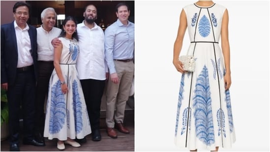 Radhika Merchant wore an ivory cotton midi dress by Giambattista Valli, featuring indigo floral motif. (Instagram)