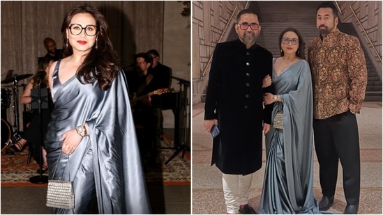 For Sabyasachi’s Diwali reception in New York, Rani Mukerji chose a sleek satin saree and matching sleeveless blouse. (Instagram/@kalpenn, @dietsabya)