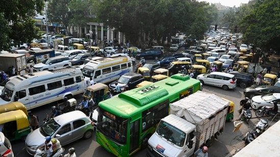 Traffic moves through Connaught Place as security was tightened.