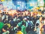Locals blocked the railway station road on Friday to protest against the prolonged power cut. (HT Photo)