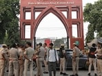 Police outside Jamia Millia Islamia on Wednesday. 