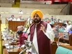 Punjab CM Bhagwant Mann addresses the House on the second day of the Punjab assembly session, in Chandigarh on Friday. (Ravi Kumar/HT) Punjab CM Bhagwant Mann addresses the House on the second day of the Punjab assembly session, in Chandigarh on Friday. (Ravi Kumar/HT)