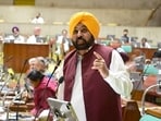 Punjab CM Bhagwant Mann addresses the House on the second day of the Punjab assembly session, in Chandigarh on Friday.(Ravi Kumar/ HT Photo)