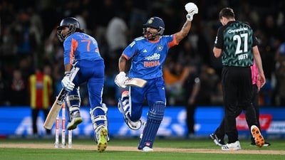 Nitish Kumar Reddy and Tilak Varma, left, celebrate after winning the second T20I between New Zealand and India. (AP) Nitish Kumar Reddy and Tilak Varma, left, celebrate after winning the second T20I between New Zealand and India. (AP)