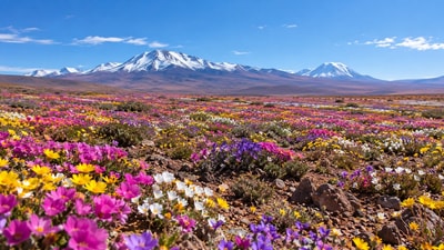 Pink and purple blooms stretch across the Atacama, where more than 200 plant species flowered after heavy El Niño rains. (AI-generated/ChatGPT) Pink and purple blooms stretch across the Atacama, where more than 200 plant species flowered after heavy El Niño rains. (AI-generated/ChatGPT)