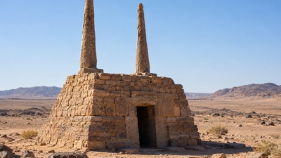 Representative image of an ancient stone tomb in the desert, featuring two towering stone pillars and a mysterious structure dating back thousands of years. (AI-generate/ ChatGPT)