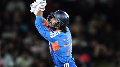 Tilak Varma took charge after Dhir's dismissal and led India to a sensational win scoring an unbeaten 51 off 26 balls. (ANI Pic Service) Tilak Varma took charge after Dhir's dismissal and led India to a sensational win scoring an unbeaten 51 off 26 balls. (ANI Pic Service)