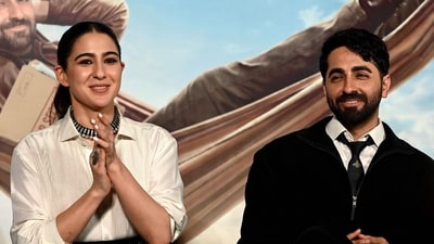 Udta Teer box office collection day 2: Sara Ali Khan and Ayushmann Khurrana at the trailer launch of the film. (Photo by SUJIT JAISWAL / AFP) (AFP)