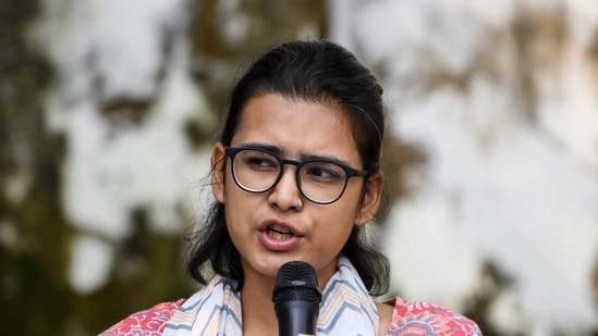 All India Students' Association (AISA) National President Neha Bora addresses a press conference at the CPI(ML) Liberation Parliamentary Office, in New Delhi on Thursday.